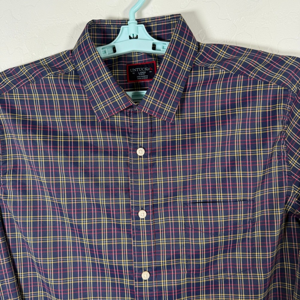 Untuckit Shirt Mens Large Slim Fit Blue Plaid Performance Stretch Button Up